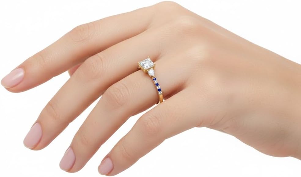 Choose Your Gemstone Pear 3 Stone Cathedral Diamond CZ Ring Yellow Gold Plated Princess Shape Petite Engagement Rings Minimal Modern Design Birthday Gift Wedding Gift US Size 4 to 12