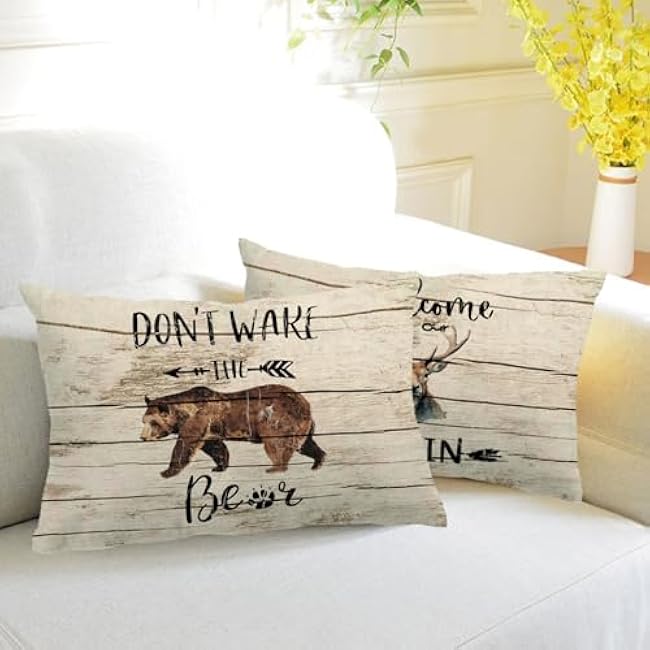2Pack Vintage Wildlife Animals Pillow Covers Double-sided printed Wood Grain Background Wildlife Elk Don¡¯t Wake The Bear Rectangular/Waist Cushion Cover Farmhouse Home Decor Pillowcases 12 x 20