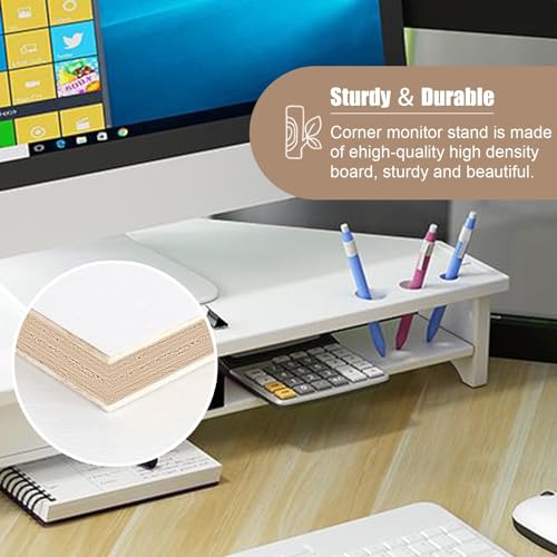Support de moniteur d'angle blanc avec tiroir et support de téléphone pour bureau