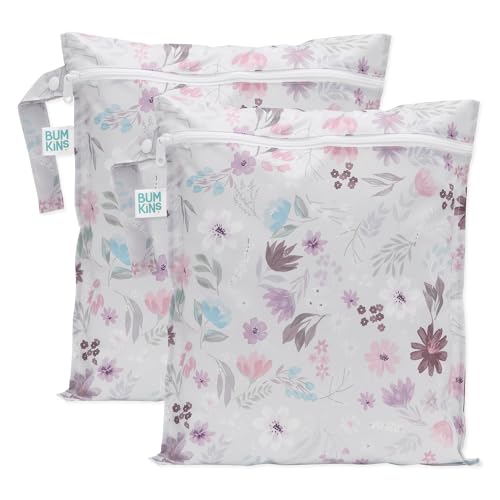 Bumkins - Waterproof Wet Bag - For Baby, Travel, Swim Suit, Cloth Diapers, Pump Parts, Pool, Gym, Toiletry, Strap to Stroller - Reusable & Easy to Clean - 2pk - Floral Gray