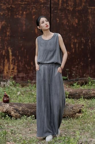 Women's Linen Wide Leg Pants High Waist Elastic Drawstring Summer Palazzo Pants2