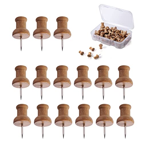 50pcs Wooden Push Pins - Map Tacks, Drawing Pins, Thumb Tacks with Storage Box for School, Office, Home