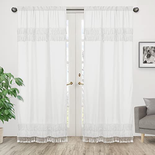 Sweet Jojo Designs White Boho Bohemian Window Treatment Panels Curtains - Set Of 2 - Solid Color Shabby Chic Luxurious Luxury Elegant Vintage Designer Boutique Tassel Fringe #TOP1