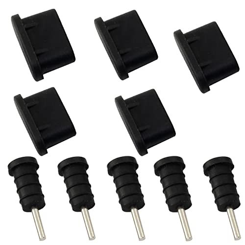 AERZETIX - C64913 - Juego de 10 Tapa capuchón Cubierta Obturador Tapones Anti Polvo protección 5 USB-C + 5 Jack 3.5mm Toma Auriculares teléfono Smartphone - Color Negro - en plástico/Caucho