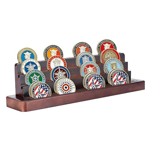 Hynorian Coin Holder Porte-pièces en bois massif noir – Présentoir pour 19 à 22 pièces, porte-médailles à 5 rangées, porte-pièces incliné pour collectionneurs, décoration de table élégante comme