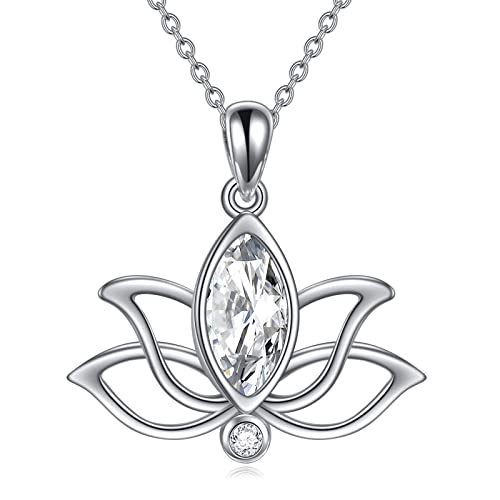 Image of YFN Birthstone Lotus Necklace Sterling Silver Lotus Pendant Jewellery Mothers Day Birthday Gifts for Women Girls (D.White-April-Diamond)