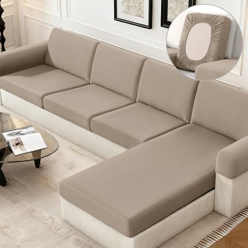 KinCam Sectional Couch Covers Stretch Couch Cushion Covers for L Shaped Couch Cover, Sofa Cushion Covers Washable 4 Pieces Sectional Covers Sofa Covers(3 Seater + 1 Chaise, Khaki)