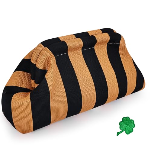 Herastar Woven Clutch Purses for Women, Summer Beach Crochet Striped Dumpling Bag Evening Handbag (Black-brown Thin Stripe)