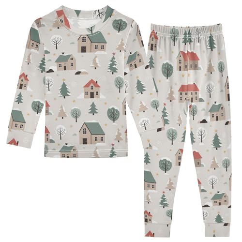 Pajama Sets Long Sleeve Winter Houses Trees Snow Scene Soft Comfy Sleepwear 2 Piece PJS 3-8T