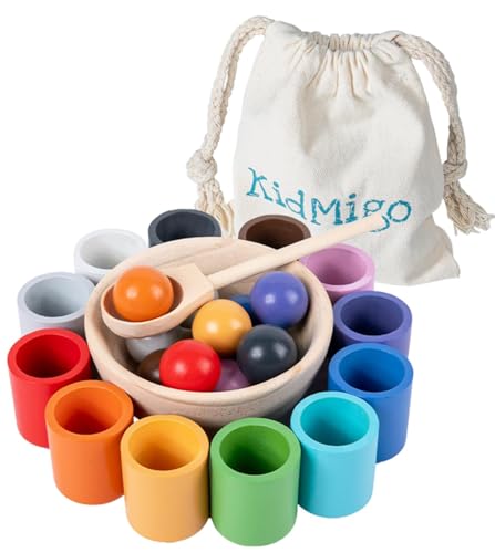 KidMigo Montessori Spielzeug ab 1 2 3 Jahre – Motorikspielzeug Holz mit 12 Bällen & Bechern, Sortierspiel Kinder, Lernspielzeug, Holzspielzeug, Geschenk Mädchen Jungen 2 Jahre
