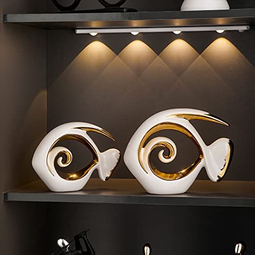 2 Pcs Fish Sculpture White Gold Ceramic Statue For Modern Home Decor, Abstract Animal Collectible Figurines For Living Room Shelf Accents Mantel Kitchen Table Centerpiece Office Bookshelf Decorations #TOP3