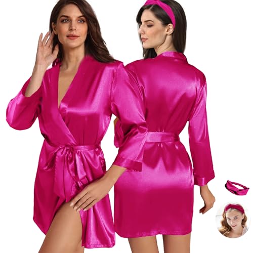 Image of WJing Yi Jia 2Pcs Womens Floral Kimono Robe Silk Robes Bride Bridesmaid Satin Robes Bridal Dressing Gown Silky Bathrobe