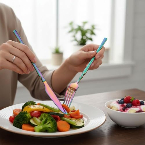 Image of Elegant Handle Rainbow 5 Pcs Stainless Steel Cutlery Set for Dining Table, Dishwasher Safe Glossy Flatware (1 Spoon Set+1 Forks Set+1 Butter Knife+1 Dessert Spoon+ 1 Fruit Fork)