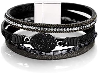 Fesciory Leopard Bracelet for Women, Boho Leather Wrap Multi-Layer Pearl Crystal Bracelet Bangle Jewelry(Black Stone(Short))