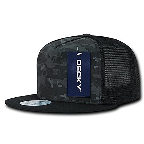 DECKY 5 Panel Flat Bill Trucker Hats, Night/Black