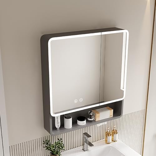 Modern 27.5in Smart Vanity Bathroom Cabinet with Mirror Lights, Anti-Fog Technology, Wall-Mounted Organizer, Grey Storage Shelf for Stylish Bathroom Solutions