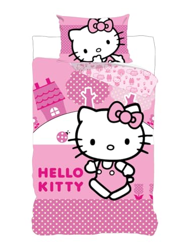 BrandMac Hello Kitty Rosa Wende Bettwäsche Set Kopfkissenbezug 80 x 80 cm mit Wende-Motiv Bettbezug 135 x 200 cm Mit Reißverschluss 100% Baumwolle/Renforcé Öko-Tex Standard 100