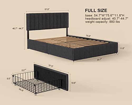 Gizoon Full Bed Frame With 4 Storage Drawers, Upholstered Platform Bed With Drawers And Headboard Adjustable Fits 6” To 12” Mattress, No Box Spring Needed (Dark Grey) #TOP1