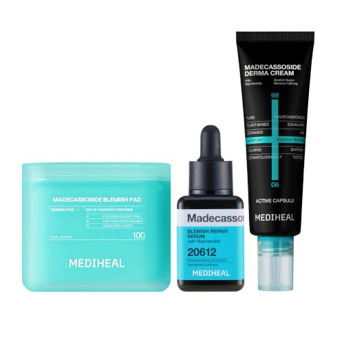 Image of Mediheal Madecassoside Blemish Repair Skincare Bundle - Toner Pads (100ct) + Repair Serum + Derma Cream | Centella Asiatica Tone Care, Hydration & Skin Barrier Support
