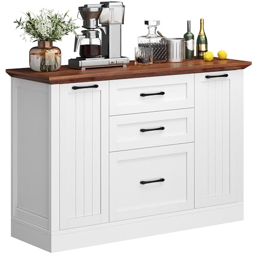 DWVO Farmhouse Buffet Cabinet with Storage, 47" Sideboard with Drawers, Large Kitchen Storage Cabinet Coffee Bar Cabinets for Living Room, Antique White