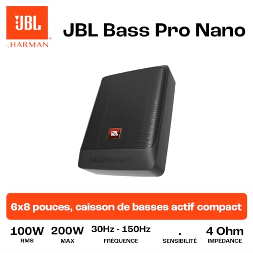 JBL BassPro Nano Ultra-Compact Subwoofer Voiture actif Sous Siège 6"x8" de Harman Kardon - caisson de basse voiture amplifié sous le siège de 200 Watt, Noir