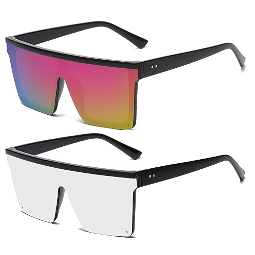 Long Keeper Stora fyrkantiga solglasögon för kvinnor män ramlösa solglasögon överdimensionerade glasögon mode platt topp skydd UV400, 60 mm, Svart rosa + svart silver, 60 mm