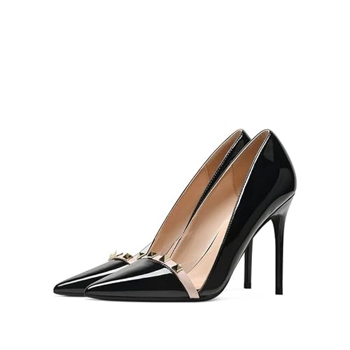 GOXEOU Bombas de Las Mujeres de Charol Remache Punta Puntiaguda Tacones Altos Paty Moda Oficina señora Zapatos, Negro, tacón de 2,4 Pulgadas, 39 EU Cover