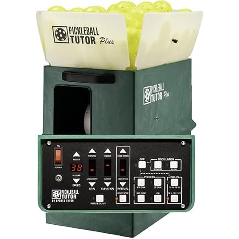 Pickleball Tutor Plus Ultra Model. Variable TOPSPIN and Backspin. Includes Popular PRESET Shots and Drills. Made in USA by #1 Pickleball Machine Company. Cover