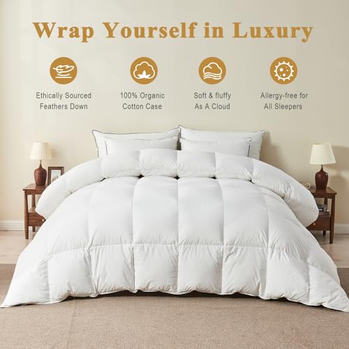 100% Organic Feather Down Comforter Full/Queen Size, Luxury Extra-Fluffy Duvet Insert, All Season Bed Comforter with Ultra-Soft Organic Cotton Case (90x90 Inch, Ivory White)