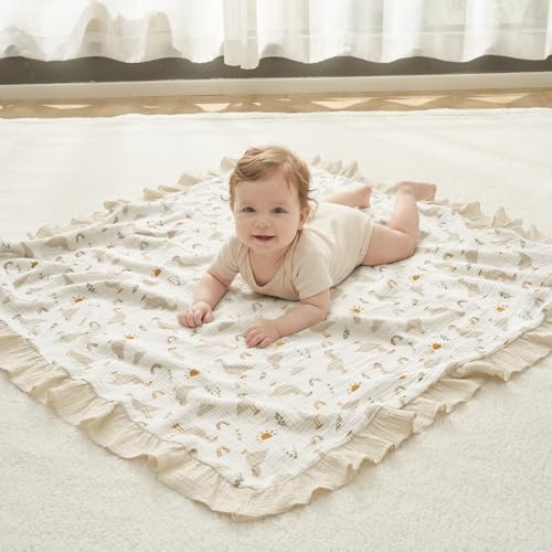 Image of david's kids Flounce Muslin Baby Blanket for Girls Boys, 100% Cotton Soft Crib Swaddle Blankets, Reversible & Breathable Nursery Bedding for Newborns Toddlers, 47 x 47 Inches (Goose)
