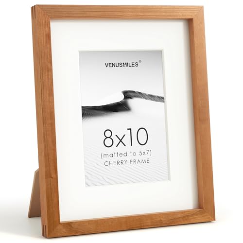 Image of 8x10 Picture Frame, USA-Sourced Natural Cherry Wood Photo Collage Frame with HD Tempered Glass, Modern Simple 8 x 10 Wooden Frame Matted to 5x7, Gallery Wall Frames for Art, Wall or Tabletop Display