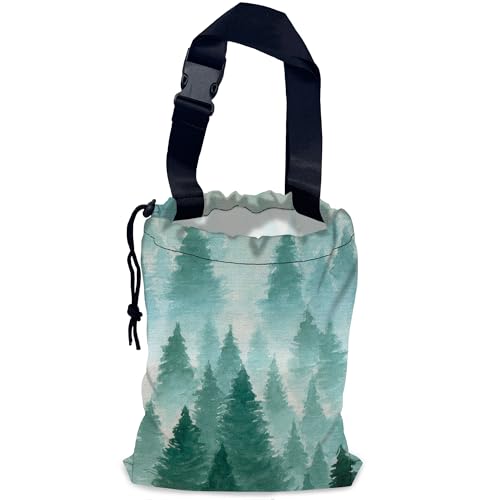 Image of Foggy Forest Car Garbage Bag,Watercolor Forest Waterproof Small Car Trash Bag Hanging Back of Seat,Drawstring Hanging Car Trash Bag with Adjustable Buckle for Car Accessories