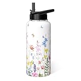 Floral Water Bottle 32oz Insulated Stainless Steel Flower Thermoses Sports Bottles Cup with Handle and Flip Straw Floral Gifts Stuff for Girls Women