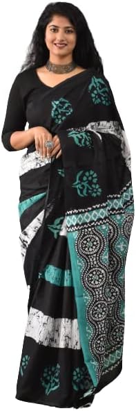 JALTHERHandicrafts Women's Ikat Hand Block Print Jaipuri Cotton Mulmul Saree Zari Border with Blouse Piece