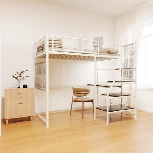 LUMISOL Loft Bed with Desk, Twin Size Metal Loft Bed with Stairs and Charging Station for Small Bedroom, Dormitory, Apartment, Noise Free, White
