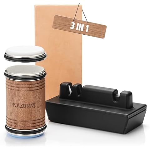 Razorri Rolling Knife Sharpener Kit 3 Different Grit Stones Discs #400 Diamond #3000 Whetstone #6000 Ceramic, 15° and 20° Magnetic Angle Base, Leather Strop Knives Fine Tool for Kitchen Blades Cover