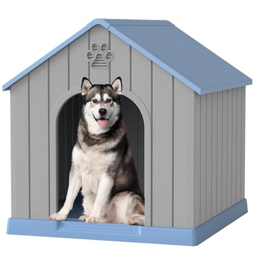Large Dog House Outdoor Indoor, Durable Plastic Waterproof Doghouse with Air Vents and Elevated Floor, Easy Clean and Assemble for Medium Large Dogs (Classic Blue, 36.2''L×38''W×38''H)