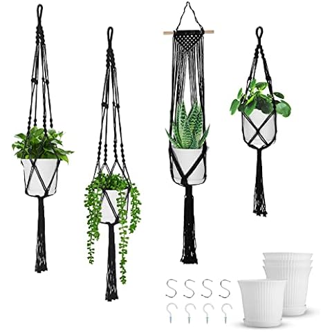 Yuego Hanging Planters Indoor with Pots, 4 Pack Macrame Plant Hangers, 4 Flower Pots with Multiple Drainage Holes and Tray, Hanging Planters Set with 8 Hooks Ideal for Indoor, Bedroom, Home Decor Cover