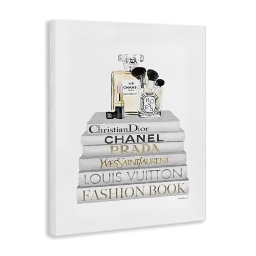 Image of Bookstack Makeup Glam Still Life, 30 x 40 Inch Canvas Wall Art | Stupell Industries . By Amanda Greenwood . Ready to hang . Chic gift for readers and beauty lovers . Made in USA