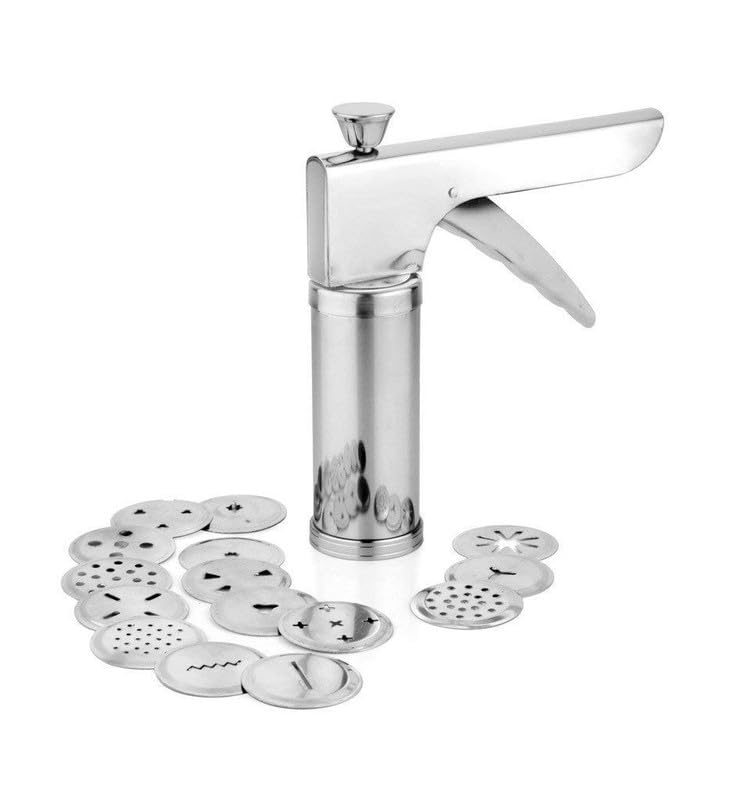 XVIA 15 in 1 Stainless Steel Kitchen Press Sev Sancha Chakli Maker Hand Press Farsan Namkeen Snacks Cookies Maker Portable Heavy Handle Machine -SilverSev Sancha (1 PCS)