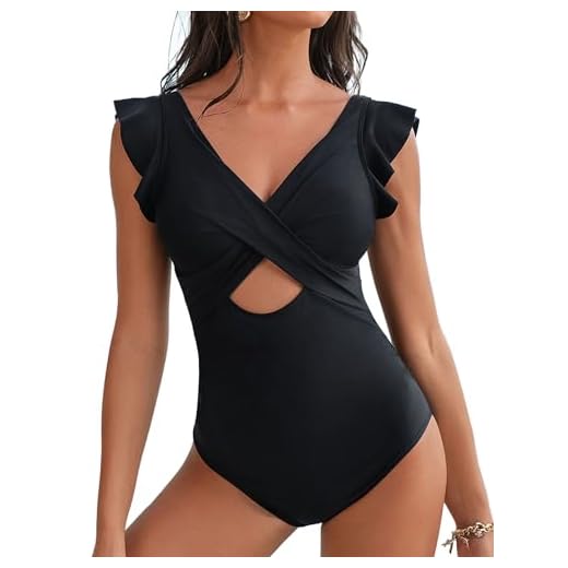 Buauty Maiô feminino com recorte de manga com babados e controle de barriga para mulheres 2025, Preto, P