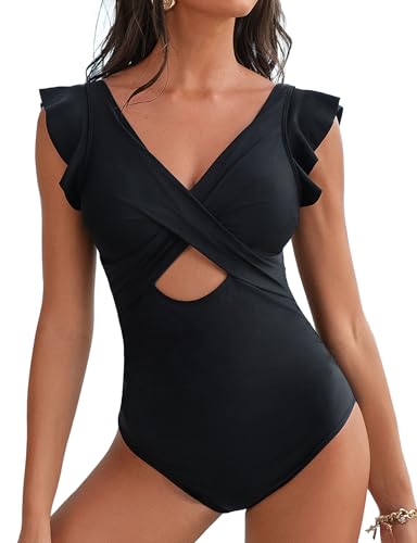 Buauty Womens One Piece Ruffle Sleeve Cutout Swimsuits Tummy Control Bathing Suits for Women 2025