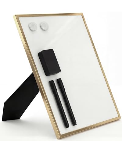 Small Whiteboard 12 x 16 Inch Magnetic Dry Erase Board with Stand & Wall Mount | Gold Aluminum Frame | Desktop Board for Home, Office, Reception, Events | 2 Markers, Eraser & 2 Magnets