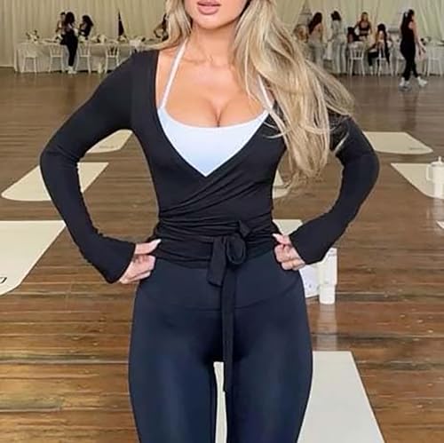 Ballet Wrap Top for Women Pilates Yoga Workout Slim Fit Front Cross Tie Shirts Long Sleeve Shrug Cover Up Dance Top3