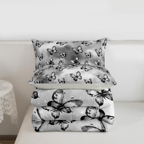 Image of Erosebridal Butterfly Bedding Sets Full - Dreamy Coquette Comforter Set for Kids Adults Watercolor Gradient Grey Butterfly Duvet Insert Galaxy Stars Print Quilt