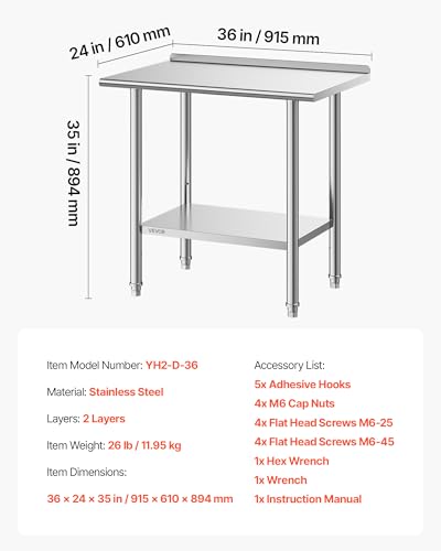 Image of VEVOR Stainless Steel Work Table, 24x36 Inch Food Prep Table with Backsplash, Commercial Kitchen Workstation with Adjustable Undershelf, Metal Heavy Duty Utility Worktable, for Restaurant Home Outdoor