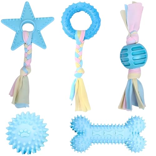 KOMEITO 5pcs Giocattoli da Masticare per Cuccioli, Giocattoli in Corda Cotone per Cani, Giocattoli Dentizione Cani, Applica a Aiutare Cuccioli Liberare Ridurre Distruggere Comportamento (Blu)