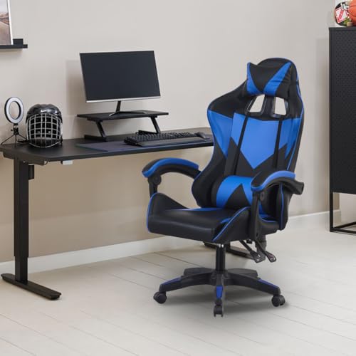 MOBI Silla Gamer Modelo Asher - Color Negro con Azul Ergonómica, Reclinable, Giratoria 360°, Altura Ajustable, Ideal para Juegos de Video, Computadora
