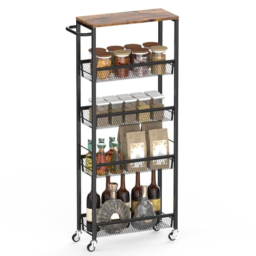 Nandae 5-Tier Kitchen Trolley on Wheels, Slim Storage Trolley with Wood Top & Metal Mesh Shelves, Multifunctional Narrow Shelving Unit for Kitchen, Pantry, Office brown