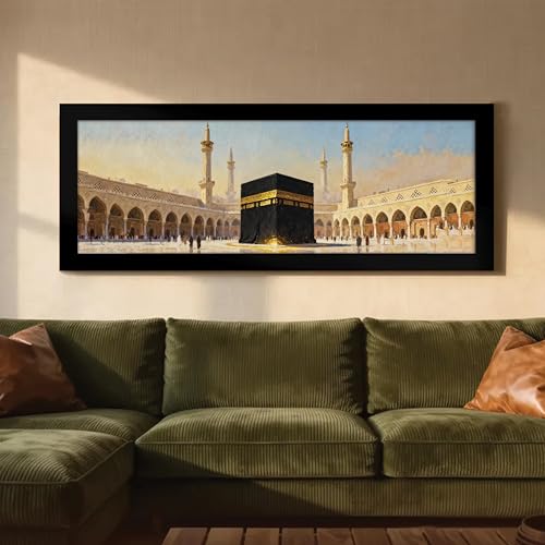 Image of PAINTINGMANTRA Makka Madina Kaaba Islamic Arabic Wall Art Framed Luxury Paintings for Home Decoration, Living room, Bedroom and Office Decoration (99x38 CM)
